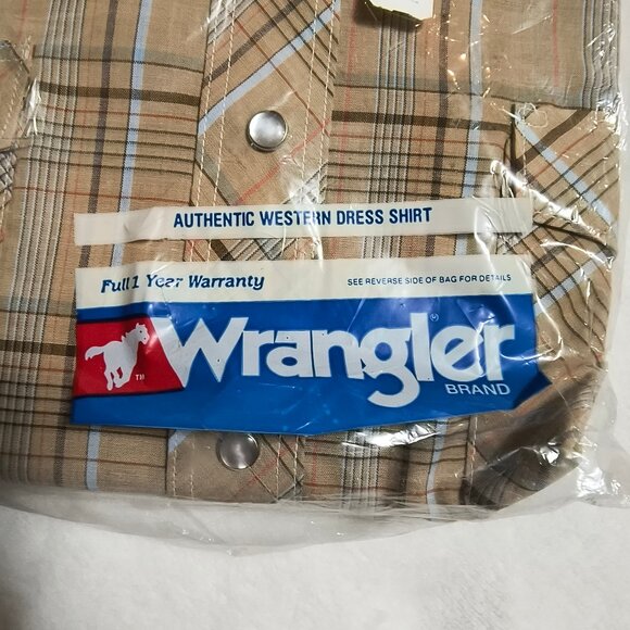 Vintage 80s NOS Wrangler Pearl Snap Western Shirt Beige Plaid 17.5 38 Long Tails - Picture 4 of 4